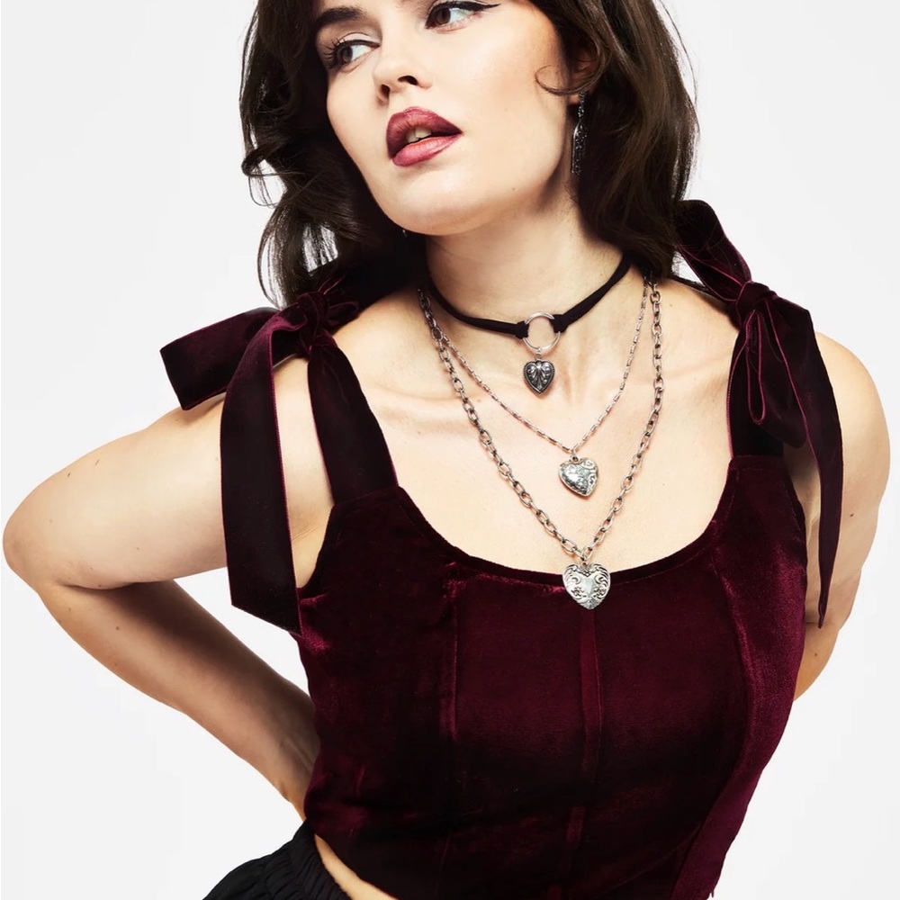 Disturbia Lisette Velour Tie Strap Corset Top - Red (wine)